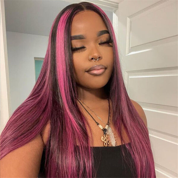 Purple Highlights Straight 13x4 Transparent Lace Front Wig - Image 7